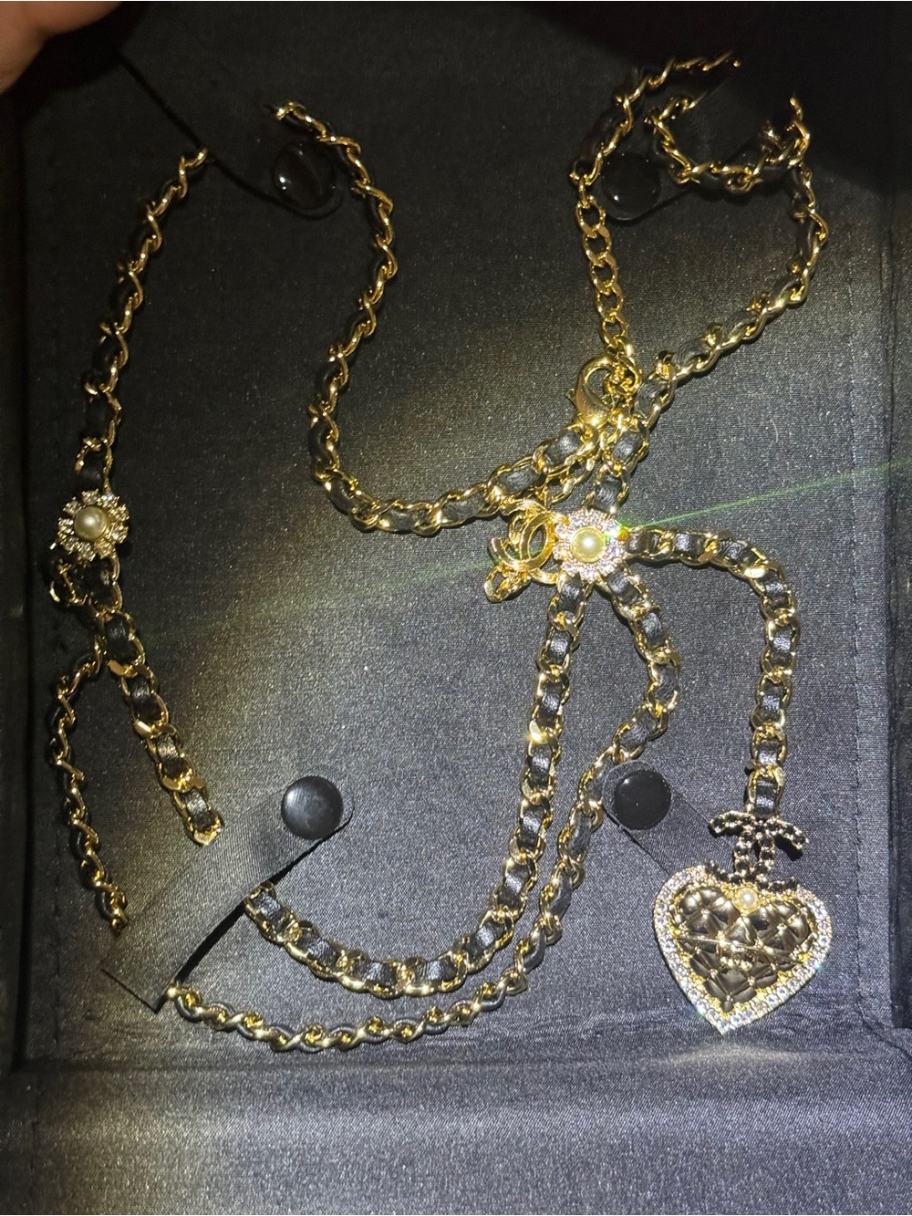 CHANEL Gold-Tone Quilted Heart Pendant Necklace with Pearl Fleur Motif